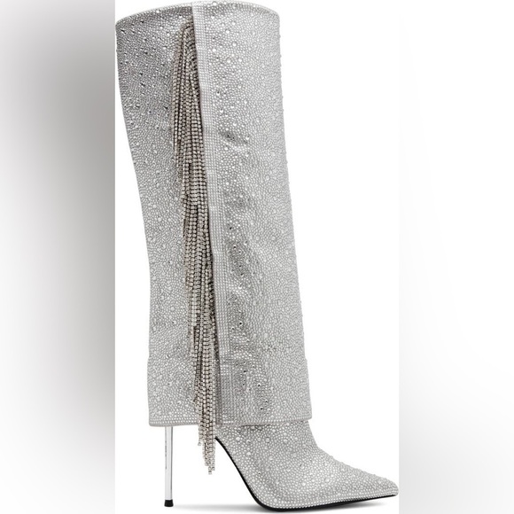 Shoes - Steve Madden Silver Women's Boots Sanya Rhinestone Fringe Knee High Boot 6M NWOT